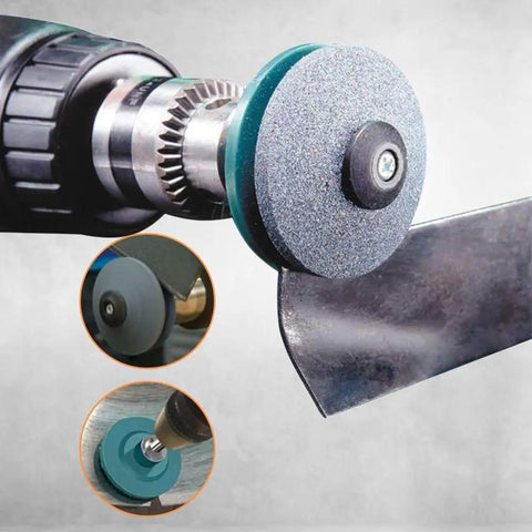 Universal Dull Lawnmower Blade Sharpener Kit 2024 Upgrade attached to power drill sharpening metal blade, close-up