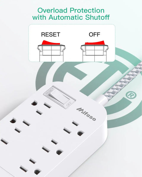 Close-up of 10 Ft Flat Plug Power Strip With 6 Outlets And 2 USB A Ports And 2 USB C Ports Overload Protection Wall Mount