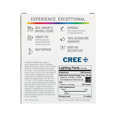 Back of Exceptional Series A19 Dimmable LED Bulb 2700K Soft White packaging, showing features like dimmable and shatterproof design
