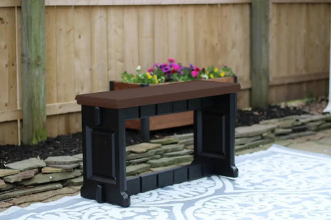Premium Espresso Black Outdoor Bench Zero Tools Needed With Quick Click And Lock Assembly for patio seating in natural setting.