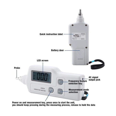Portable Vibration Meter AS63A Vibrometer For Quick Acceleration, Displacement And Vibration Readouts, Handheld Analyzer With LCD screen and probe