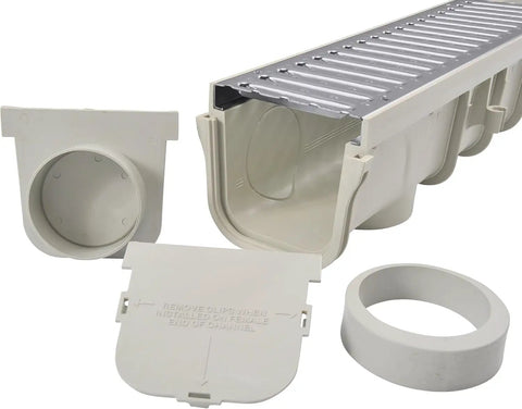 Channel Drain Kit With Galvanized Grates And End Caps For Deep Profile Runoff, Five And A Half Inch Wide, fittings included