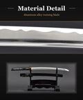 Close-up of Wakizashi Iaito Unsharpened Aluminum Alloy Practice Sword For Iaido Training, 21 Inch Blade with Bo Hi and display stand