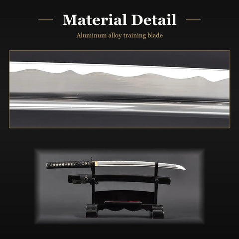 Close-up of Wakizashi Iaito Unsharpened Aluminum Alloy Practice Sword For Iaido Training, 21 Inch Blade with Bo Hi and display stand