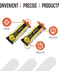 Universal Short Yellow Trim Fuel Cells For Cordless Finish And Brad Nailers With Adapter Heads, two canisters side view.