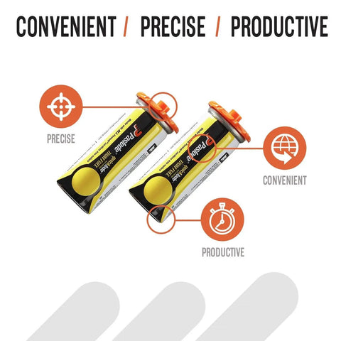 Universal Short Yellow Trim Fuel Cells For Cordless Finish And Brad Nailers With Adapter Heads, two canisters side view.