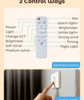 Remote control and wall switch for 52cm ceiling fan with light, E27 bulb socket showing functionality features.