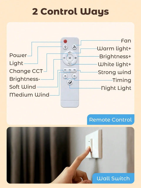 Remote control and wall switch for 52cm ceiling fan with light, E27 bulb socket showing functionality features.