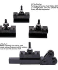 Wedge Type Quick Change Tool Post Kit For Mini Lathe 6-9 Inch, features four tool holders including 250-001 and knurling tool.