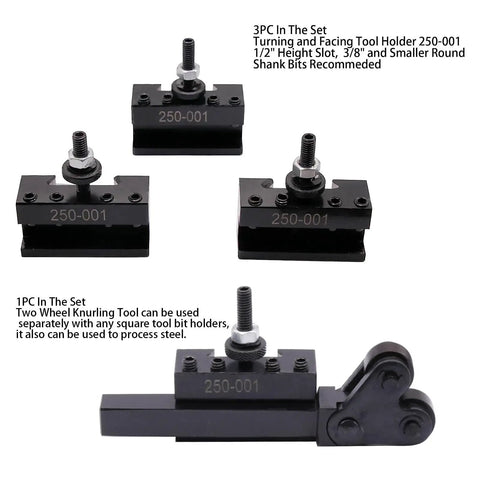 Wedge Type Quick Change Tool Post Kit For Mini Lathe 6-9 Inch, features four tool holders including 250-001 and knurling tool.