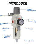Detailed view of Three-Quarter Inch NPT Air Filter Regulator Combo with labeled parts including 5 micron brass element and semi auto drain.