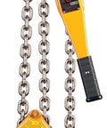 Harrington LB lever hoist orange with steel chain and top/bottom hooks.