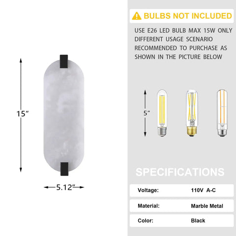 Tonabona 2 Pack 2 Light 15" Natural Alabaster Oval Marble Farmhouse Bathroom Black Wall Sconce dimensions and specifications.