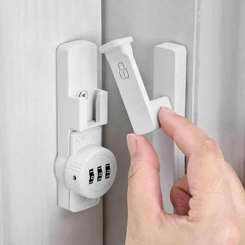 Hand installing Matte White 90 Degree Mechanical Password Lock for Doors and Cabinets, 3 Digit Keyless Flip Latch With Combination.