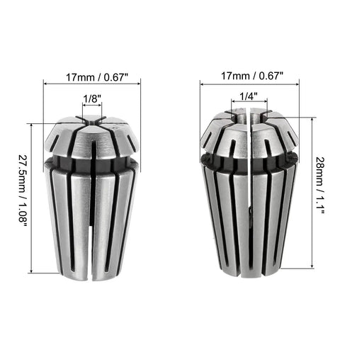 ER16 Spring Collet Chuck Set For CNC Milling Engraving Lathe, 1/8 inch and 1/4 inch clamp diameters, shown with dimensions