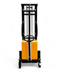 Heavy Duty Semi Electric Pallet Stacker Blasts 2204 Pounds Up To 138 Inches with reinforced steel forks and slim legs.