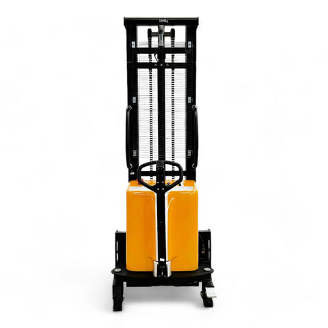 Heavy Duty Semi Electric Pallet Stacker Blasts 2204 Pounds Up To 138 Inches with reinforced steel forks and slim legs.