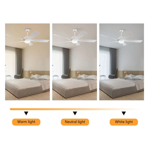 Ceiling Fan with Light and Handheld Controller 6 Speeds 2200LM for Bedroom in warm, neutral, and white light settings.