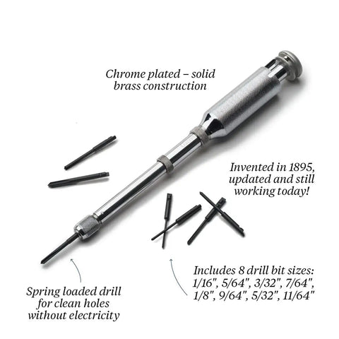 9 Inch Classic Yankee Push Drill Kit With Eight Double Fluted Bits Chrome Plated Brass Hand Drill No Chuck Needed Compact Mini Tool