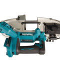 Top view of Compact 18V Cordless Brushless Portable Band Saw featuring no fuss blade setup and rugged aluminum guide rail.