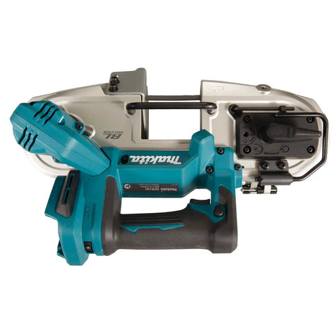 Top view of Compact 18V Cordless Brushless Portable Band Saw featuring no fuss blade setup and rugged aluminum guide rail.
