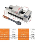 Heavy Duty Precision CNC Vise Featuring Bull Dog Grip And Quick Release Action For Snapping Up Round Pipe Makes Bench Work A Total Breeze For Any Shop Rat, showing dimensions and specifications.