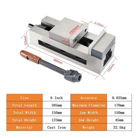 Heavy Duty Precision CNC Vise Featuring Bull Dog Grip And Quick Release Action For Snapping Up Round Pipe Makes Bench Work A Total Breeze For Any Shop Rat, showing dimensions and specifications.