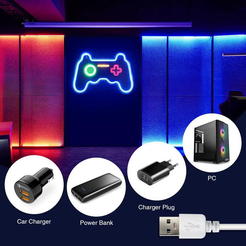Neon Game Controller Sign LED Light for Gaming Room Decor 16x11 Inch Wall Light, glowing in a gaming setup with accessories.