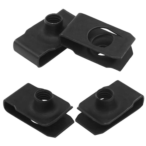 Top Shelf M6 U Style Clip Nuts, 25 Piece Black Automotive Bumper Fender Fastener Kit shown from multiple angles, heavy duty carbon steel