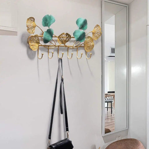 Dang Strong Wall Mounted Coat Rack For Entryway With Multi Purpose Iron Hooks Bag And Hat Hanger Key Storage Tray, 8 hooks with decorative leaves.