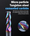 Front view of rainbow-coated round-nose tungsten carbide milling cutter with spiral flutes; inset shows close-up.