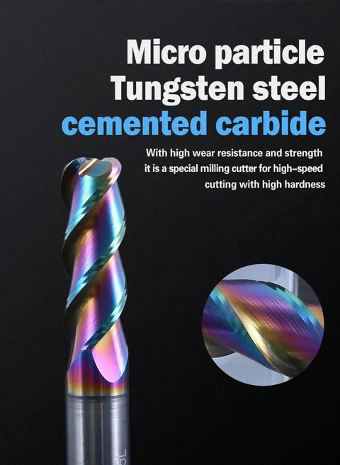 Front view of rainbow-coated round-nose tungsten carbide milling cutter with spiral flutes; inset shows close-up.