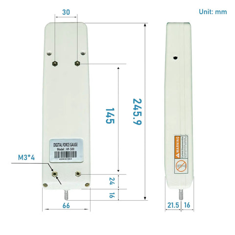 Digital Force Gauge 200N Push Pull Tester For Tension And Compression With Five Modes Dope Precision And Three Display Methods Supports Newton Kilogram And Pound Units Local Gravity Setting For Precise Measurements. side view with dimensions