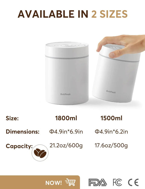 Two Automatic Vacuum Coffee Canisters, 1800ml and 1500ml, rust-resistant stainless steel for fresh beans.