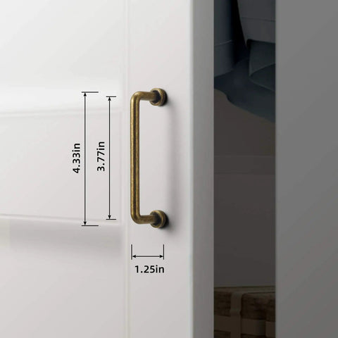6 Pack 3 3/4 Inch Center To Center Antique Brass Cabinet Pulls And Vintage Drawer Handles For Kitchen And Home Improvement Classic Retro Hardware For Cabinets And Doors Upgrade Your Space shown on a white cabinet with measurements