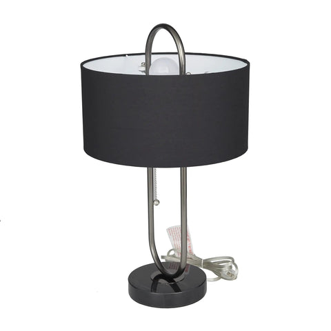Oval Shaped Metal Table Lamp For Living Room, Black Iron Base With Marble Accents And Linen Fabric Shade, 12 By 12 By 20 Inches