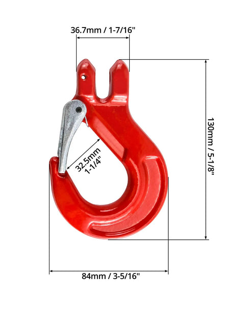 Three Eighths Inch Safety Clevis Slip Hook With Latch, 4400 Lb Working Load, Grade 80 Drop Forged Alloy Steel, dimensions shown