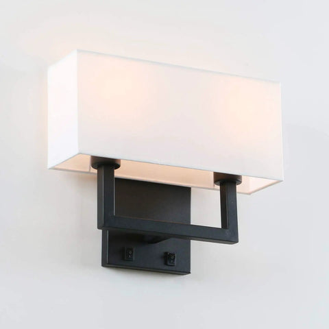 Double Black Wall Sconce Set With White Textile Shades And Easy On Off Switch Modern Living Room Bedroom Bedside Lighting Fixture