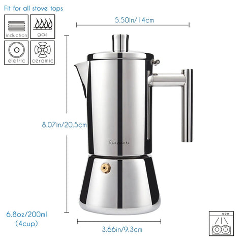 Heavy Gauge Stainless Steel Stovetop Espresso Maker And Legit Italian Moka Pot for 4 cups, 200ml capacity, suitable for all stove tops.