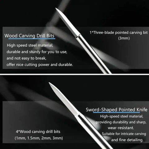 Top Shelf Wood Carving Drill Bits Set For Dremel Rotary Tool With 3Mm Shank Hella Precise Engraving Accessories For Woodworking Projects And Micro Sculpting Craft Supplies No Sweat Results - three-blade pointed carving bit shown.