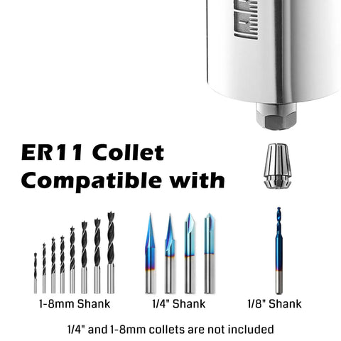 ER11 collet with compatible shank sizes for Powerful 710W Compact Palm Router With 65mm Diameter, Six Variable Speeds, CNC use