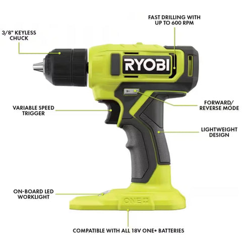 18V Cordless Drill Driver Kit With Three Eighths Inch Chuck, side view highlighting features like LED light and speed trigger.
