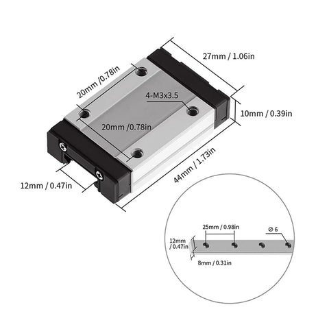 Detailed dimensions of MGN12 slide block from Dope Pro Grade High Precision Linear Rail Kit With Two MGN12 Slide Blocks For 100mm To 800mm Length