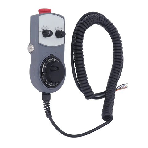 Electronic CNC Handwheel Controller With Emergency Stop, ABS handwheel for 0-5 kHz feedback, coiled cable visible