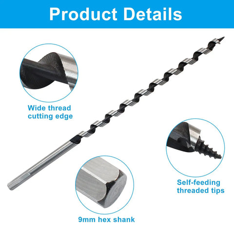 Heavy Duty Workhorse 3/8 Inch Wood Auger Drill Bit With 12 Inch Long Hex Shank For Hardwood, featuring wide thread cutting edge and 9mm shank.