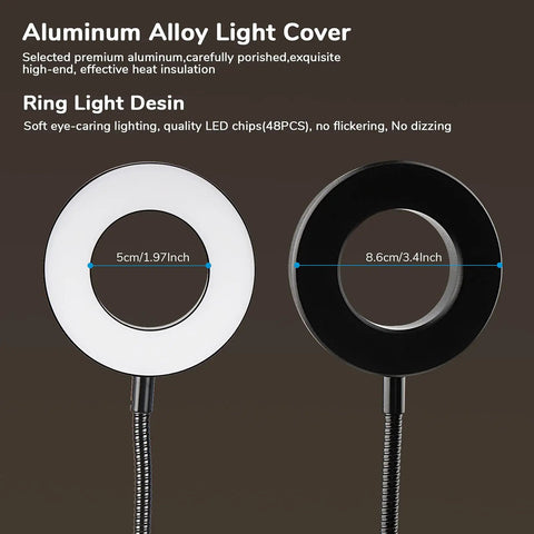 Aluminum ring light of Clip On Desk Light With 48 LEDs, Ultra Flexible Gooseneck, 3 Color Modes, USB Clamp Mount, Home Office Dorm