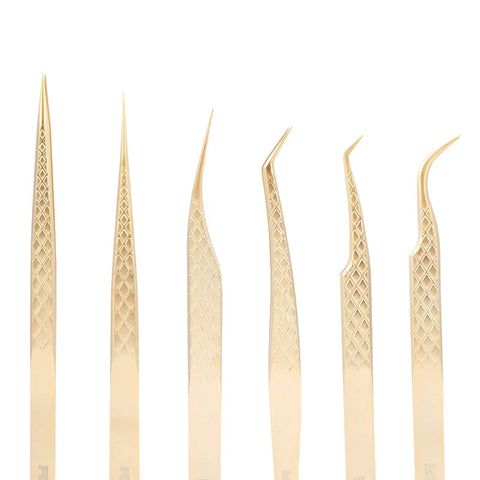 Gold Eyelash Extension Tweezer Set With Diamond Grip For Precision Lashes Pro Grade Tools For 2D To 6D Volume 6Pcs