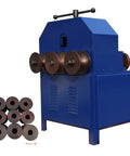 Heavy Duty Electric Pipe Bender With 17 Dies for stainless steel, iron, and tubes up to three inches, showcasing blue casing and dies.