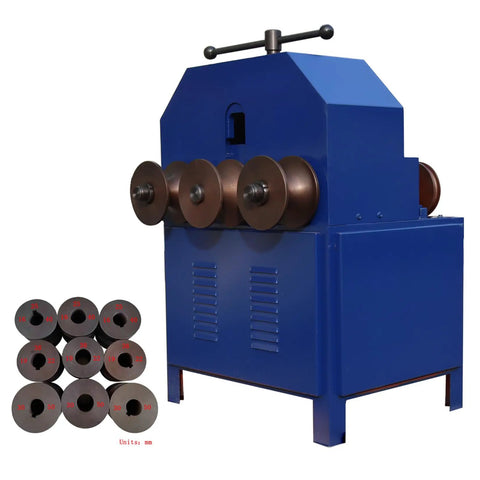 Heavy Duty Electric Pipe Bender With 17 Dies for stainless steel, iron, and tubes up to three inches, showcasing blue casing and dies.