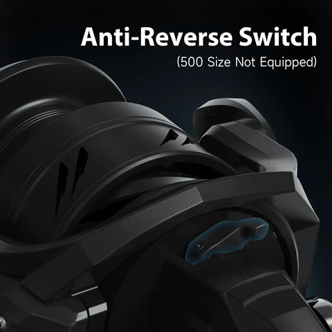 Close-up of M1 Spinning Reel for Freshwater Fishing with anti-reverse switch, graphite frame, CNC aluminum spool, dark background.